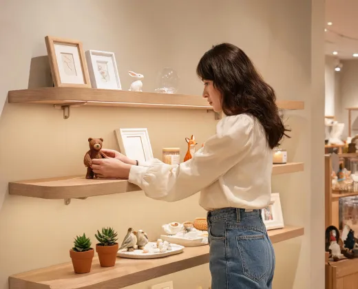 Visual merchandiser arranging gift shelf